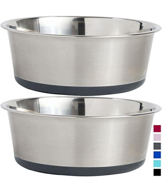 Gorilla Grip Stainless Steel Metal Dog Bowl Set of 2, Rubber Base, Heavy Duty, Rust Resistant, Food Grade BPA Free, Less Sliding, Quiet Pet Bowls for Cats and Dogs, Dry and Wet Foods, 3 Cups, Gray