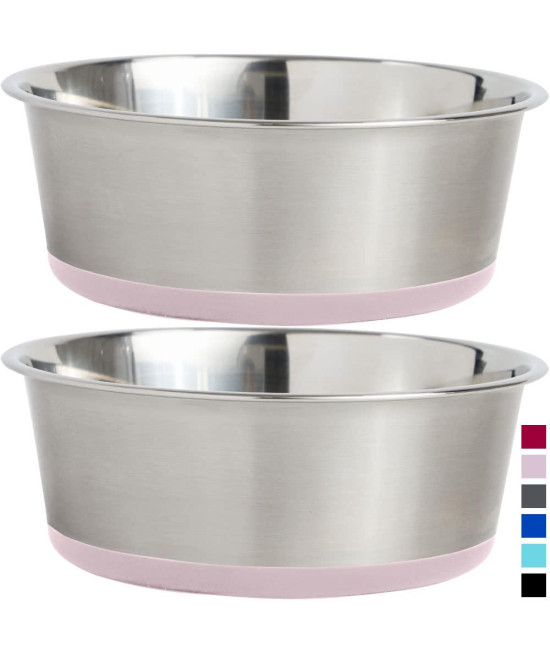 Gorilla Grip Stainless Steel Metal Dog Bowl Set of 2, Rubber Base, Heavy Duty, Rust Resistant, Food Grade BPA Free, Less Sliding, Quiet Pet Bowls for Cats and Dogs, Dry and Wet Foods, 4 Cups, Lt Pink