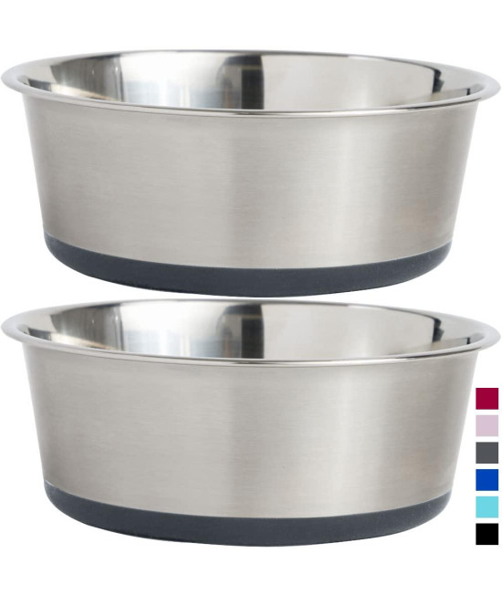 Gorilla Grip Stainless Steel Metal Dog Bowl Set of 2, 8 Cups, Rubber Base, Heavy Duty, Rust Resistant, Food Grade BPA Free, Less Sliding, Quiet Pet Bowls for Cats and Dogs, Dry and Wet Foods, Gray