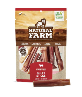 Natural Farm Odor Free Bully Sticks (4 Inch, 10 Pack) for Small & Medium Dogs - 100% Beef Chews for Pups, Non-GMO, Grain-Free, Fully Digestible Long Lasting Dog Treats