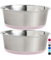 Gorilla Grip Stainless Steel Metal Dog Bowl Set of 2, 8 Cups, Rubber Base, Heavy Duty, Rust Resistant, Food Grade BPA Free, Less Sliding, Quiet Pet Bowls for Cats and Dogs, Dry and Wet Foods, Lt Pink