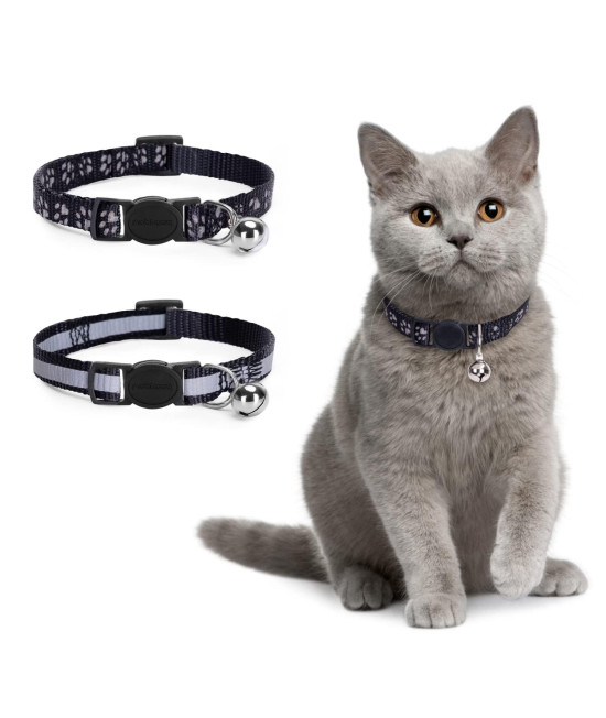 Nobleza Kitten collar with Bell, 2 Pack Breakaway cat collars with Safe Quick Release Buckle, Paw Print Strip Reflective Adjustable Soft Pet collar for Small Medium Kitty cats