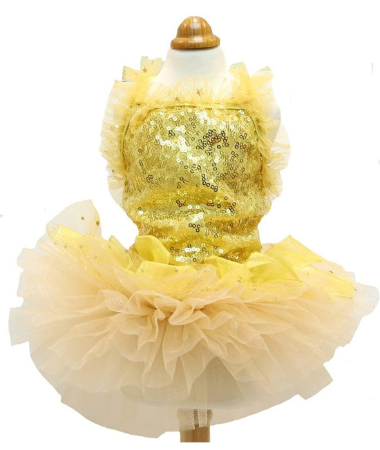 MaruPet Fashion Sweet Puppy Dog Blingbling Princess Skirt Pet Dog Lace cake camisole Tutu Dress golden XS