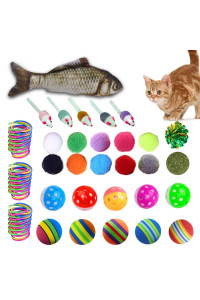 KAYUSITER 40PCS Cat Toys Set Spiral Springs Assorted Cat Mice Toys Crinkle Balls Catnip Fish Toy Interactive Pet Pillow Chew Bite for Cats Kittens Puppy