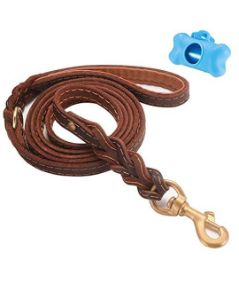 Bingooe Leather Dog Leash 6ft x 5/8inch, Leashes for Large Breed Dogs, Dog Leashes for Large Dogs Heavy Duty Dog Training Leash for Medium Small Dogs Braided Leather Leash with Bag Dispenser (Brown)