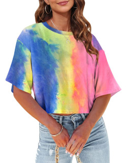 Tankaneo Womens Half Sleeve Tie Dye cropped Tshirts Drop Shoulder O-Neck crop Tops Summer casual Basic Print Tees