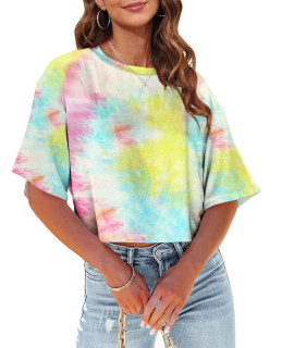 Tankaneo Womens Half Sleeve Tie Dye cropped Tshirts Drop Shoulder O-Neck crop Tops Summer casual Basic Print Tees