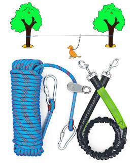 Dog Tie Out Cable for Camping, 50ft Overhead Trolley System for Small/Midium/Large Dogs up to 300 lbs, Dog Lead Line with 360 Movable Pulley for Yard,Park and Outside (BLUE50FT)