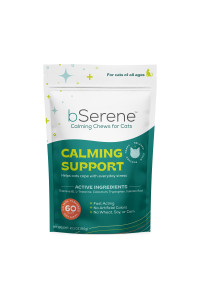 bSerene Calming Chews for Cats, Made with Real Salmon, Great Supplement for Everyday Stress, Travel Anxiety-Grooming-Separation, 60 ct, Made in USA