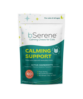 bSerene Calming Chews for Cats, Made with Real Salmon, Great Supplement for Everyday Stress, Travel Anxiety-Grooming-Separation, 60 ct, Made in USA