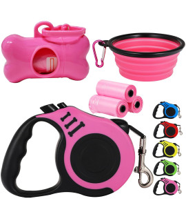 Retractable Dog Leash,Heavy Duty Dog Leash Retractable,Dog Walking Leash for Small Dog or Cat up to 26 lbs,360?Tangle-Free Strong Nylon Tape,Anti-Slip Handle,with Waste Bag Dispenser(16FT Pink)