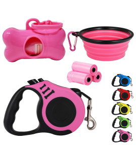 Retractable Dog Leash,Heavy Duty Dog Leash Retractable,Dog Walking Leash for Small Dog or Cat up to 26 lbs,360?Tangle-Free Strong Nylon Tape,Anti-Slip Handle,with Waste Bag Dispenser(10FT Pink)