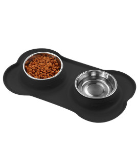 Dog Bowls, Cat Food and Water Bowls Stainless Steel, Double Pet Feeder Bowls with No Spill Non-Skid Silicone Mat, Dog Dish for Small Dogs Cats Puppies, Set of 2 Bowls (S-6oz, Black)