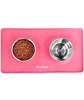 Dog Bowls, Cat Food and Water Bowls Stainless Steel, Double Pet Feeder Bowls with No Spill Non-Skid Silicone Mat, Dog Dish for Medium Dogs Cats Puppies, Set of 2 Bowls (L-24oz, Pink)