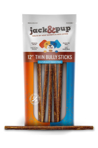 Jack&Pup Thin Dog Bully Sticks Odor Free, Bully Sticks for Dogs, Healthy Dog Treats Bully Sticks for Small Dogs, Beef Dog Chews, Pizzle Chew Sticks for Dogs (12-Inch Thin Bully Stick, 5 Pack)