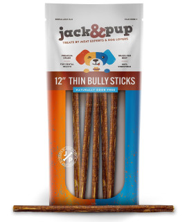 Jack&Pup Thin Dog Bully Sticks Odor Free, Bully Sticks for Dogs, Healthy Dog Treats Bully Sticks for Small Dogs, Beef Dog Chews, Pizzle Chew Sticks for Dogs (12-Inch Thin Bully Stick, 5 Pack)