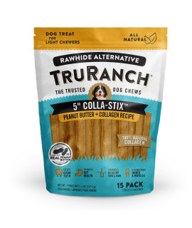 TRURANCH All-Natural Rawhide Alternative Dog Treats, 5 Sticks (Peanut Butter), Hydrolyzed Collagen50% Protein, Healthy Limited Ingredients Dog Chew, for Small, Medium, and Large Dogs