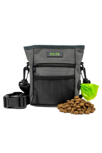 Mighty Paw Dog Treat Pouch 2.0 | Pet Training Hands-Free Snack Bag w/Strap. Holds 2 Cups Kibble, Phone & Keys. Magnetic Clasp & Waist Belt Clip. Includes 1 Roll of Poop Bags (Green/Grey)
