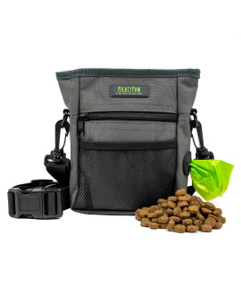 Mighty Paw Dog Treat Pouch 2.0 | Pet Training Hands-Free Snack Bag w/Strap. Holds 2 Cups Kibble, Phone & Keys. Magnetic Clasp & Waist Belt Clip. Includes 1 Roll of Poop Bags (Green/Grey)