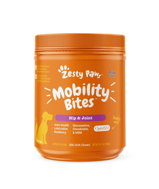 Zesty Paws Mobility Bites Dog Joint Supplement - Hip and Joint Chews for Dogs - Pet Products with Glucosamine, Chondroitin, & MSM + Vitamins C and E for Dog Joint Relief - Duck - 250 Count