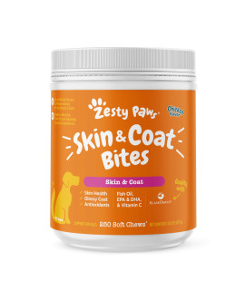 Zesty Paws Skin & Coat Bites for Dogs - Fish Oil Soft Chews with Omega-3 Fatty Acids EPA & DHA - Skin, Coat, Antioxidant & Immune Support - Chicken - 250 Count