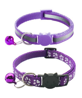 Qinao 2Pack cat collars Quick Release Reflective Kitten collar with Bell & Safety Release (Purple)