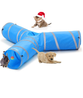 3 Way Cat Tunnels with Reflective Tape for Indoor Cats, Collapsible Tube 10 Inch Diameter & 43 Inch Longer Pet Toy for Puppy Kitten Rabbit (Blue)