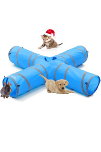 4 Way Cat Tunnels with Reflective Tape for Indoor Cats, Collapsible Tube 10 Inch Diameter & 47 Inch Longer Pet Toy for Puppy Kitten Rabbit (Blue)