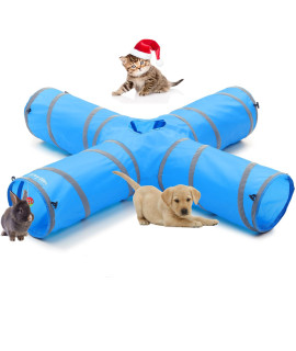 4 Way Cat Tunnels with Reflective Tape for Indoor Cats, Collapsible Tube 10 Inch Diameter & 47 Inch Longer Pet Toy for Puppy Kitten Rabbit (Blue)