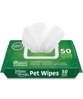 Inspire Naturals Pet Wipes 100% Natural Plant Based with Organic Antioxidants, Dog Wipes Cleaning Deodorizing Cat Wipes Dog Bath Dog Ear Wipes Dog Wipes for Paws and Butt (50ct - 1 Pack)