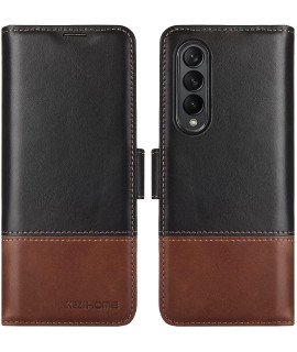 KEZiHOME Samsung galaxy Z Fold 3 5g case, genuine Leather galaxy Z Fold 3 Wallet case RFID Blocking] with card Slot Flip Kickstand Phone cover compatible with galaxy Z Fold 3 (2021) (BlackBrown)