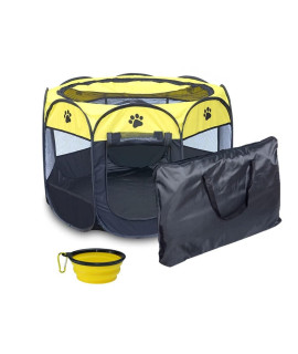 Coopupet Pet Playpen, Foldable Dog Playpen, Portable Dog Pen, Octagon Puppy Playpen Indoor, Exercise Kennel Dog Tent for Dogs/Cats/Rabbits + Free Carrying Case + Free Travel Bowl (Yellow+Black, M)