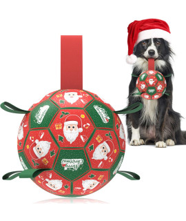 QDAN Christmas Dog Soccer Balls with Straps, Interactive Dog Toys for Tug of War, Puppy Birthday Gifts, Dog Tug Toy, Dog Water Toy, Durable Dog Balls for Small & Medium Dogs(6 Inch)