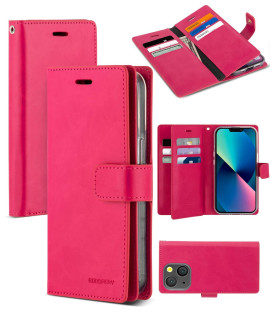 gOOSPERY Mansoor for iPhone 13 Wallet case, 9 card Slots] 2 Extra cash Pocket] RFID Blocking card] with PU Leather Magnetic Flap cover Purse Holder for Women Men - Hot Pink