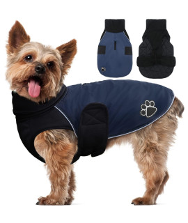 Winter Dog Coat Waterproof, Turtleneck Dog Snow Jacket for Cold Weather, Warm Reversible Dog Clothes with for Small Dogs, Navy S