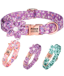 Personalized Dog Collar with Daisy Tie, Engraved Pet Name and Phone Number, 3 Patterns Soft & Comfty Flower Print Padded Dog Collars with Strong Metal Buckle for Boy and Girl Dogs(Purple Large)