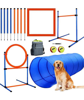 JMMPOO Dog Agility Training Equipment, 60-Piece Dog Obstacle Course Training Starter Kit Pet Outdoor Game with Tunnel, Agility Hurdle, Weave Poles, Jump Ring, Pause Box, Toy Balls and Storage Bag