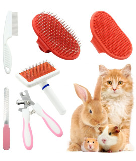 Rabbit Grooming Kit Set with Pet Shedding Slicker Brush Nail Clipper Trimmer Pet Massage Bath Glove Flea Comb for Bunny Puppy Kitten Guinea Pig Chinchilla Ferret Small Animals (Red, Pink)