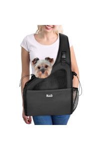 SlowTon Pet Dog Sling Carrier, Hands Free Hard Bottom Papoose Small Animal Puppy Up to 12 lbs Travel Bag Tote Breathable Mesh Support Adjustable Padded Strap Pocket Safety Belt Machine Washable