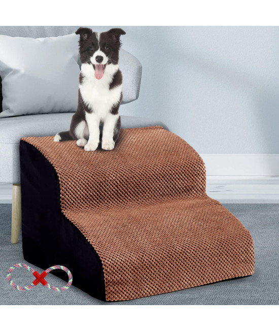 MALOROY 2 Tiers Foam Dog Ramps, Dog Stairs Ladder Pet Ramp Stairs Non-Slip Pet Step for Older Dogs, Pet with Joint Pain, Sofa Bed Ladder for Cats (Brown)