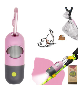 YUCHIYA Dog Poop Bag Dispenser with FlashlightDog Poop Bag Holder with Leash ClipHands-Free Leash Poop Bag Holder with Straps and 1 Roll Dog Waste Bags (Pink)
