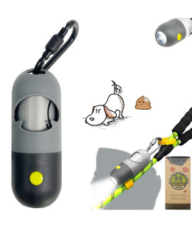 YUCHIYA Dog Poop Bag Dispenser with FlashlightDog Poop Bag Holder with Leash ClipHands-Free Leash Poop Bag Holder with Straps and 1 Roll Dog Waste Bags (Gray)