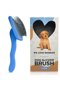 We Love Doodles Dog Slicker Brush for Grooming Pet Hair - Best Brushes For Poodle & Golden Doodle - Long Haired Brush For Dogs - Goldendoodle Long Pin Brush For Demattng (Large)