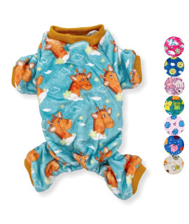 Dog Pajamas Soft Warm Fleece Jumpsuit Cute Pet Clothes for Small and Medium Pet XXS - L (Teal Giraffes, XXS: Length - 8, Chest 10 - 12)