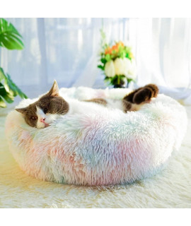 Gavenia Cat Beds, 23.6''x23.6'' Washable Donut Bed, Plush Cushion, Waterproof Bottom, Calming & Self-Warming, Rainbow