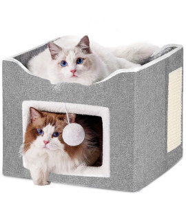 BEDELITE Cat Beds for Indoor Cats - Cat House with Scratch Pad and Cat Ball Toy, Foldable Cat Condo/Kitten Bed, Cat Cave for Hideaway,15.4?15.4?12.6 inches(Blue)