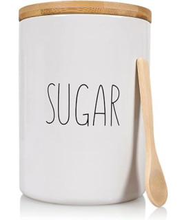 ARTHAUSEN Sugar Ceramic 1080mL 4 cup Food Storage Jar Canister with Airtight Bamboo Lid and Bamboo Spoon, Modern Farmhouse Design Container for Counter - White & Brown Sugar, Cookies, Snacks, Treats