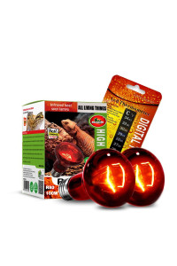 MCLANZOO 2 Pack 100W Reptile Heat Lamp Bulb Infrared Basking Spot Heat Lamp for Reptiles & Bearded Dragon Amphibian, Chicks, Dog Heating Use with Stick-on Digital Temperature Thermometer