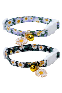 2 Pack Cotton Breakaway Cat Collars with Bell Daisy Pendant Kitty Kitten Collars Black Blue Collar for Female Girl Cats Male Boy Cats