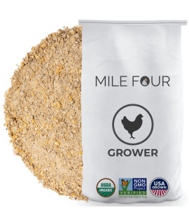 Mile Four Grower Organic Chicken Feed 100% US Grown Grains, Certified Organic, Certified Non-GMO, Corn-Free, Soy-Free, Non-Medicated Chicken Food 18% Protein Mash 23 lbs.